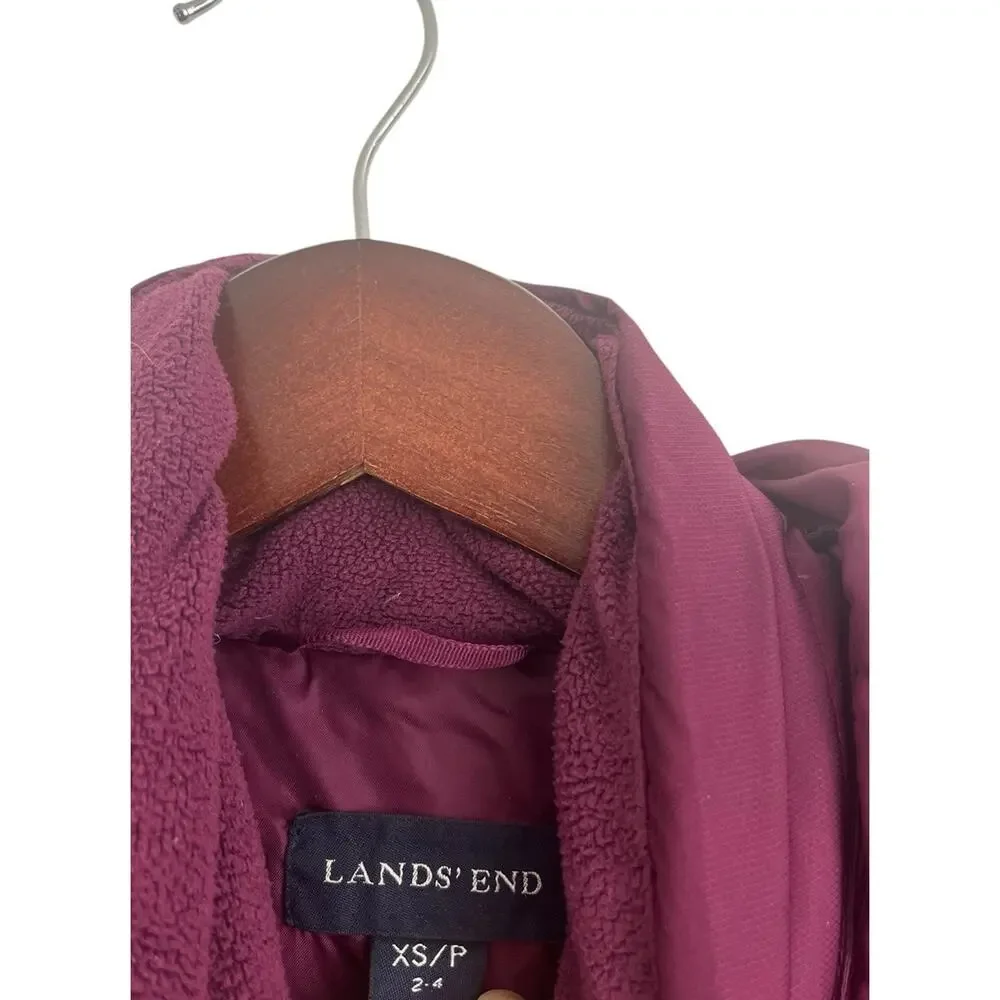 Lands' End Women's Jacket Puffer Coat XS Down Maroon Magenta Removable Hood Midi